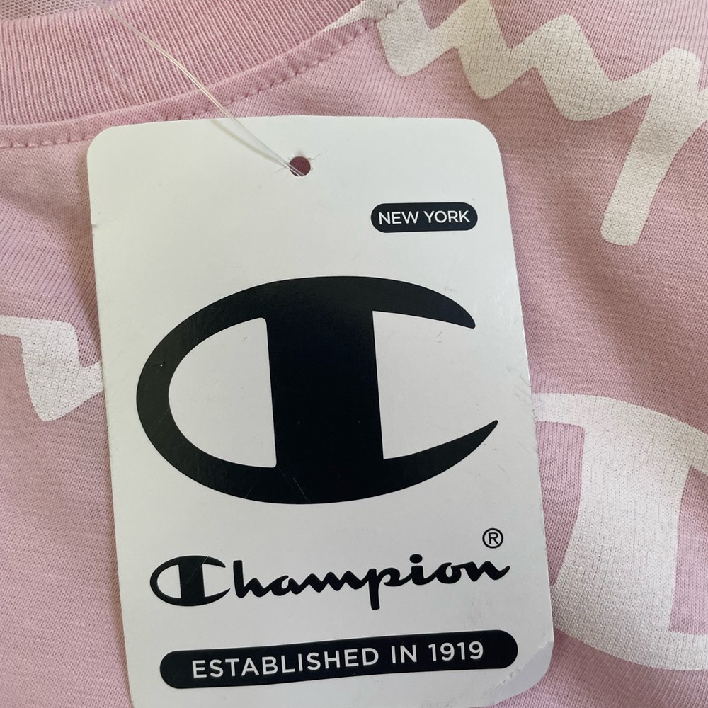 Champion Allover Print T-Shirt - Women’s Small - Spellout Logo Pink Summer BNWT - Picture 10 of 14